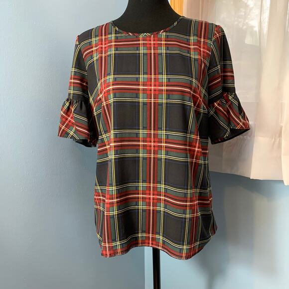 J. Crew Factory Drapey Tartan Plaid Short Sleeve Top Size Small - Picture 2 of 8